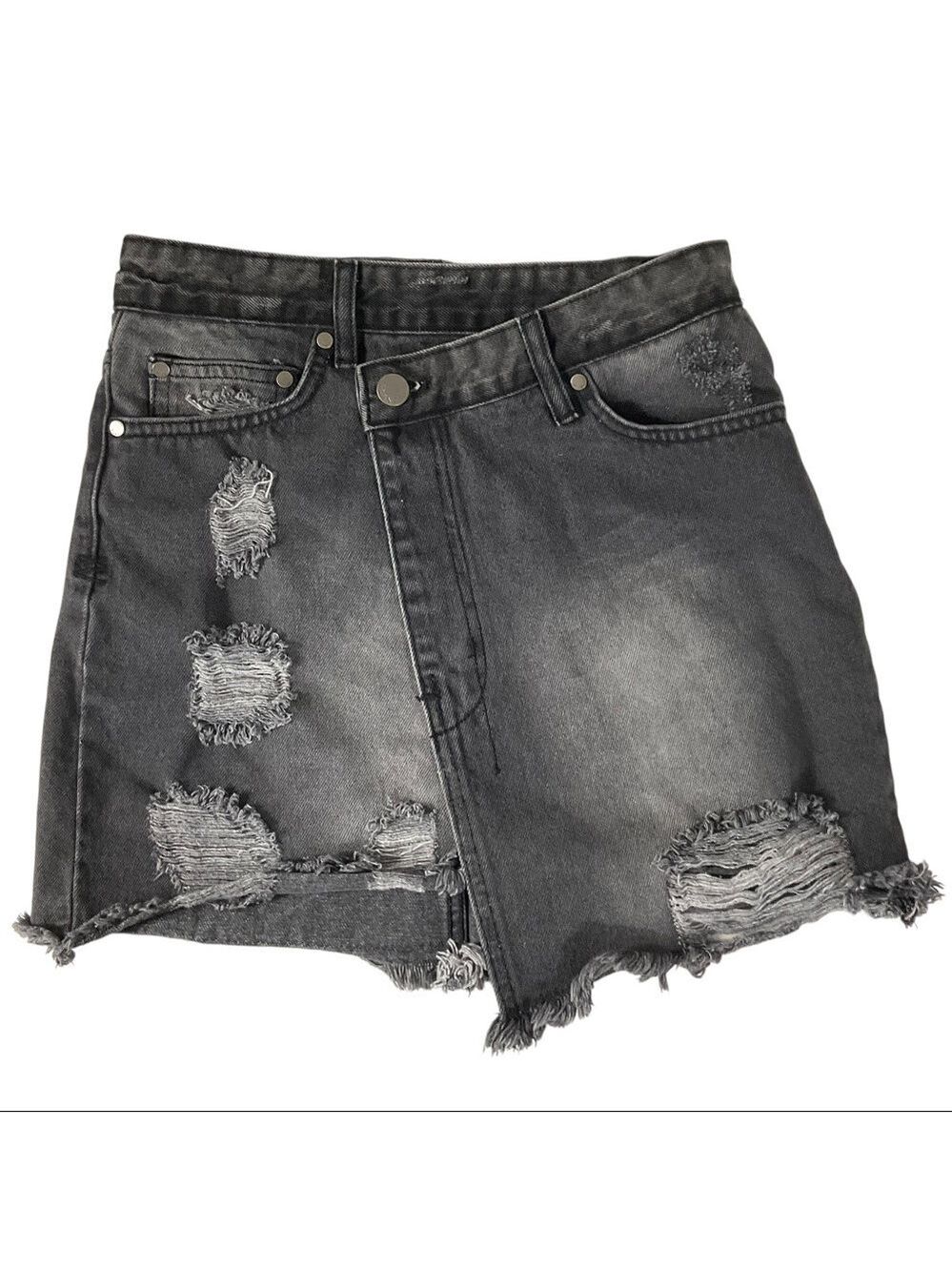 Elan Black/ Grayish Distressed Crossover Wrap Denim Skirt Size Small